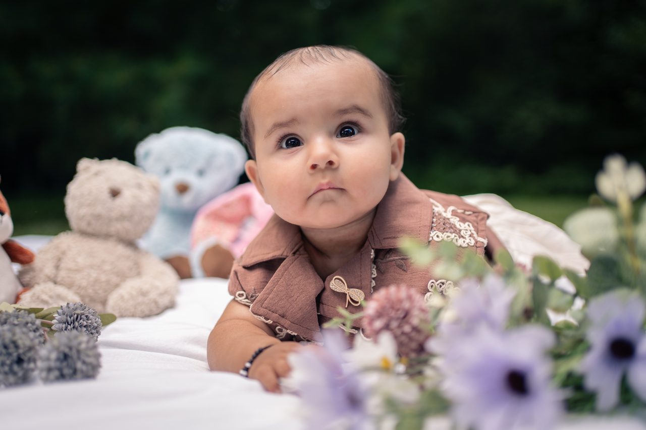 A baby lying on their tummy looks at the camera between soft toys and blurred purple flowers.